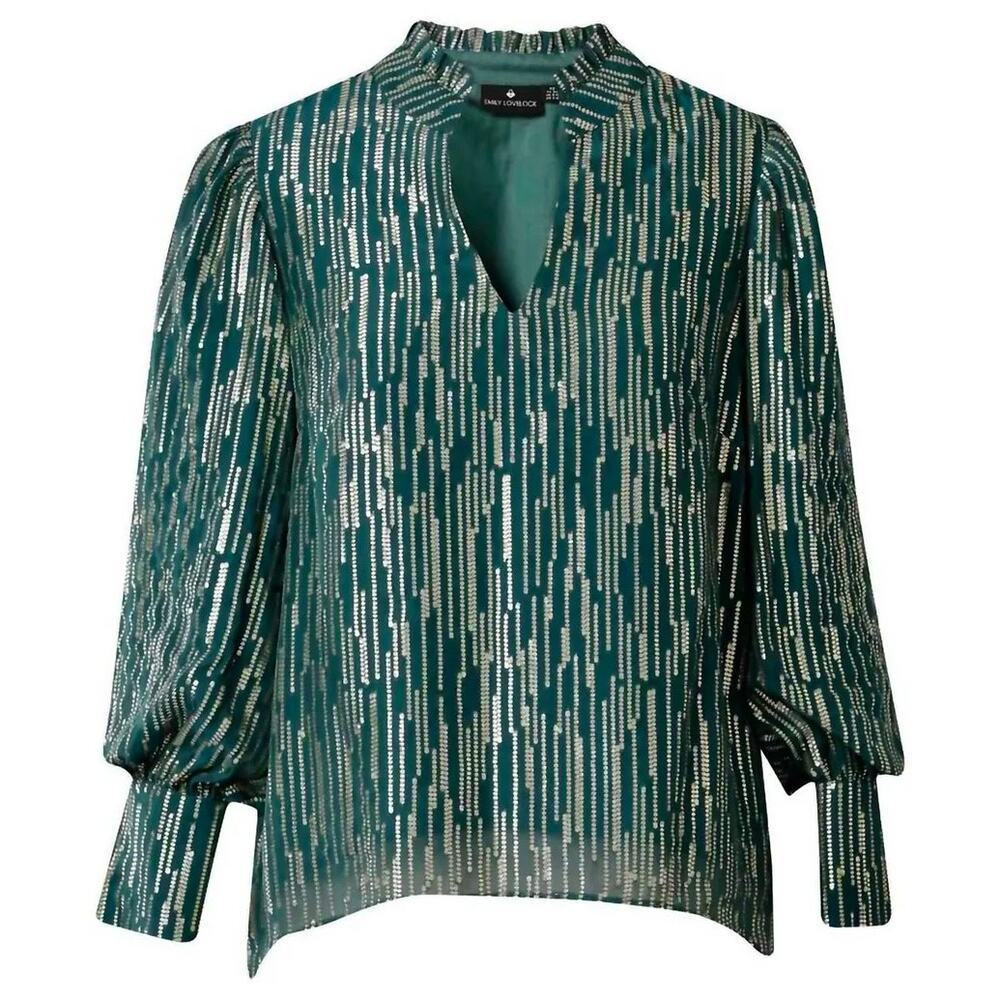 Emily Lovelock Hailey Blouse Emerald Metallic Lurex Silk Heart Buttons Size XS